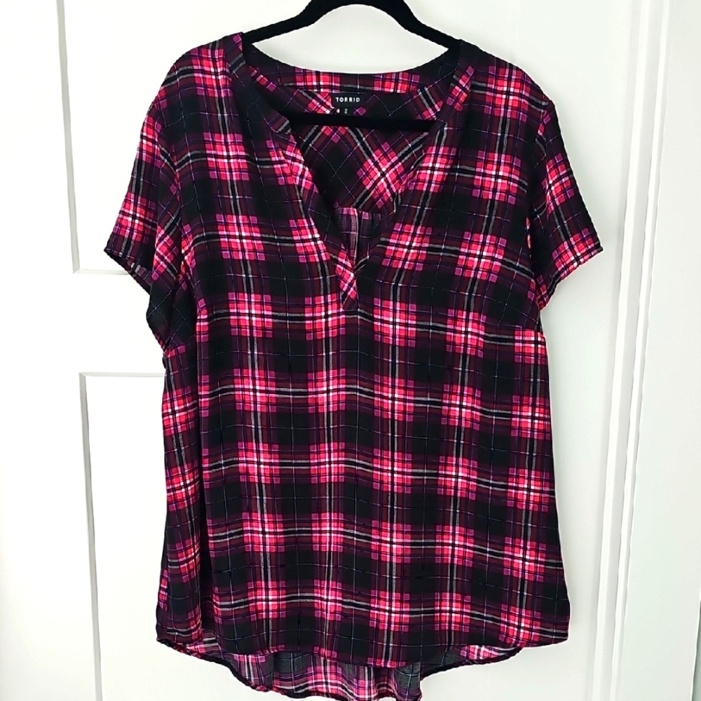 Torrid Black and Pink Plaid Blouse Size 2